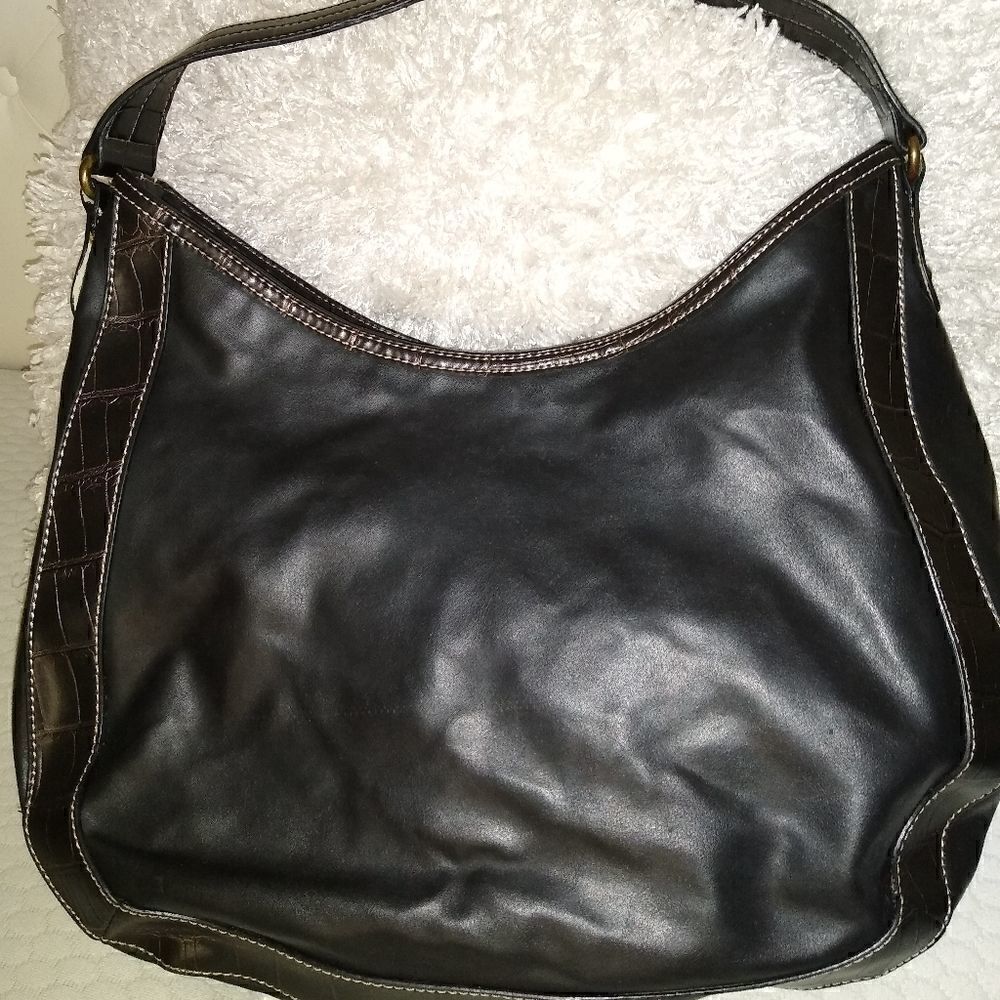 Tommy Hilfiger black leather sachel purse brass hardwear - Picture 2 of 10